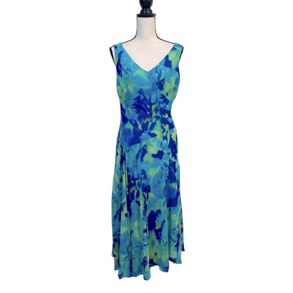 Evan Picone 90s Y2K Bias Cut Slip Dress Blue Green Asymmetrical Size 10